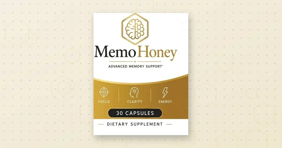 A designed cover graphic with the MemoHoney hexagon logo