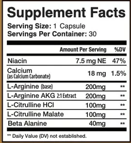 The MemoHoney Supplement Facts panel: serving size 1 capsule, 30 servings; niacin, calcium, L-arginine, L-arginine AKG, L-citrulline HCl, L-citrulline malate and beta alanine