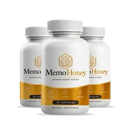 3 white MemoHoney capsule bottles with honey-gold label bands