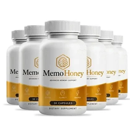 6 white MemoHoney capsule bottles with honey-gold label bands
