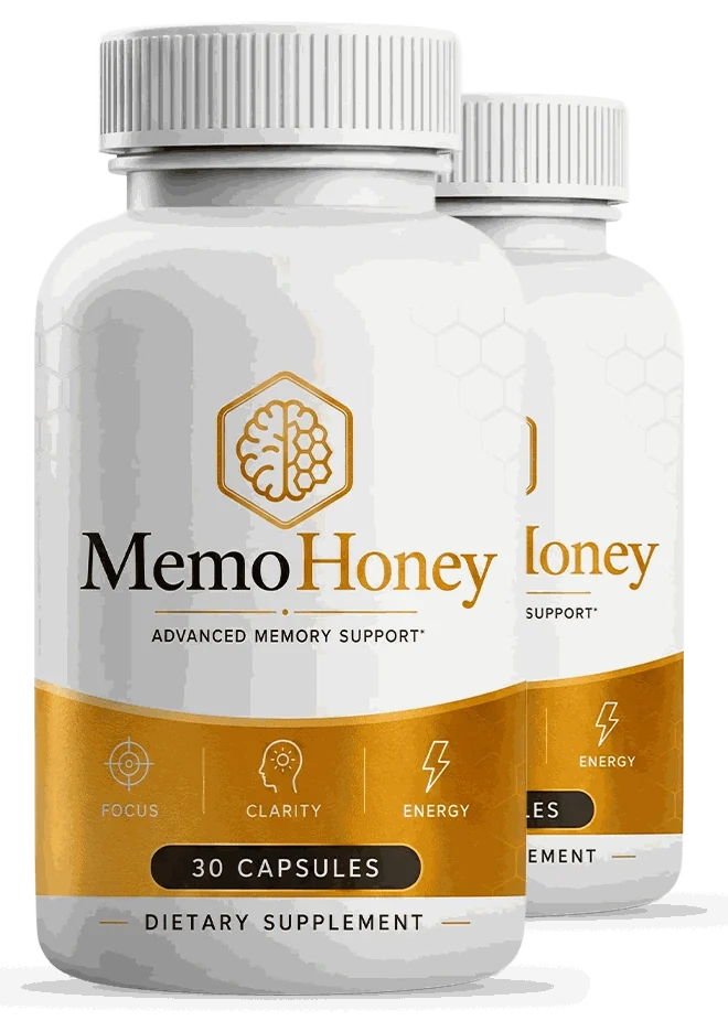2 white MemoHoney capsule bottles with honey-gold label bands